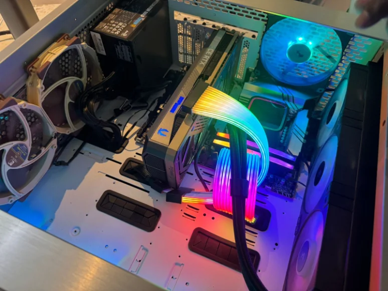 Interior of a custom PC with RGB cabling and cooling