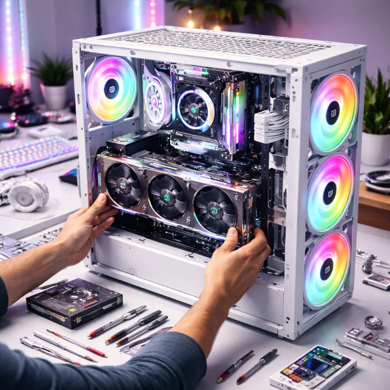 Custom gaming PC build with RGB fans on the bench